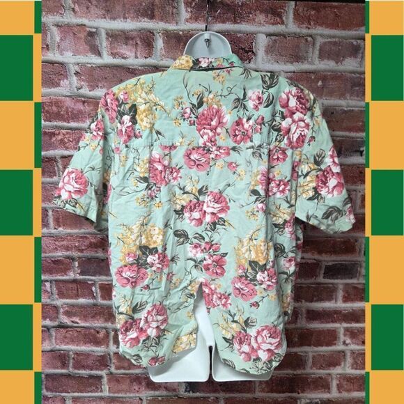 Vintage 90s CM Company Hawaiian Shirt Large Green Pink Floral Button Down V Neck - Picture 3 of 7